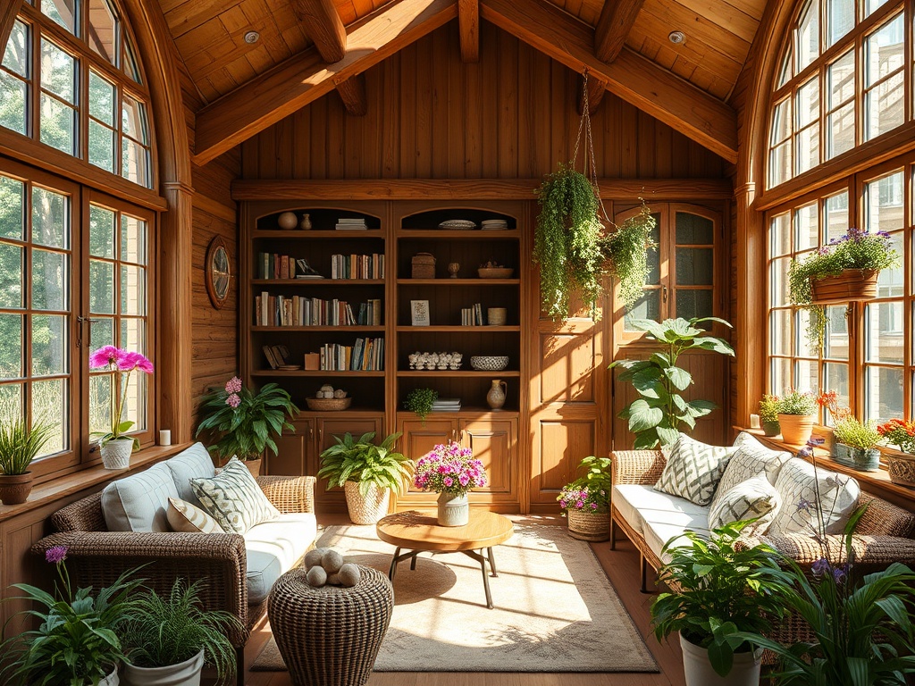Уютная солнечная комната с деревянными стенами, растениями и мягкой мебелью для отдыха.