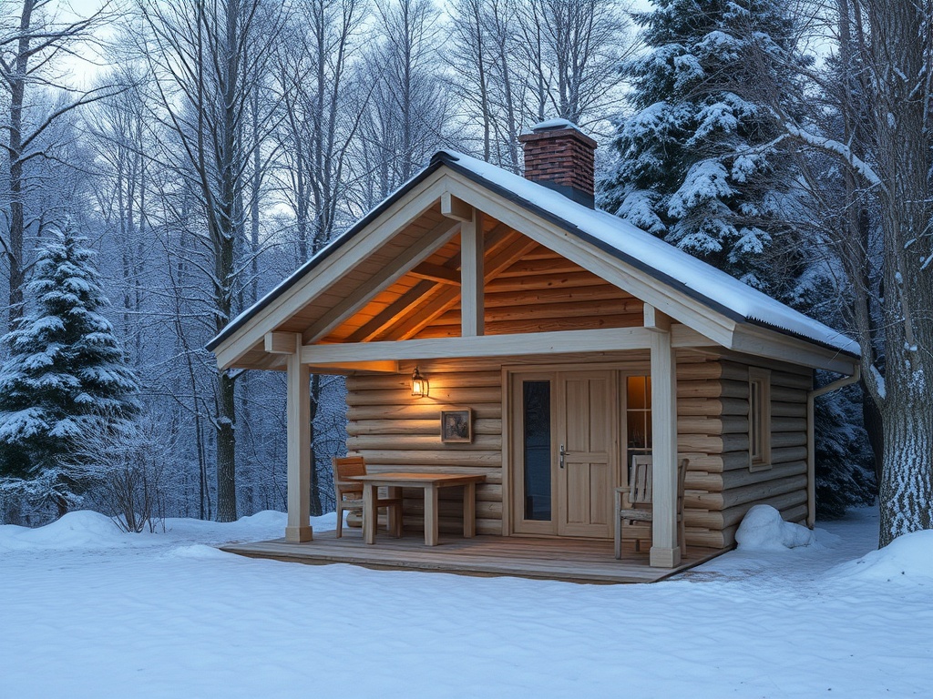 Деревянный домик в зимнем лесу, окружённый снегом, с крыльцом и освещением.
