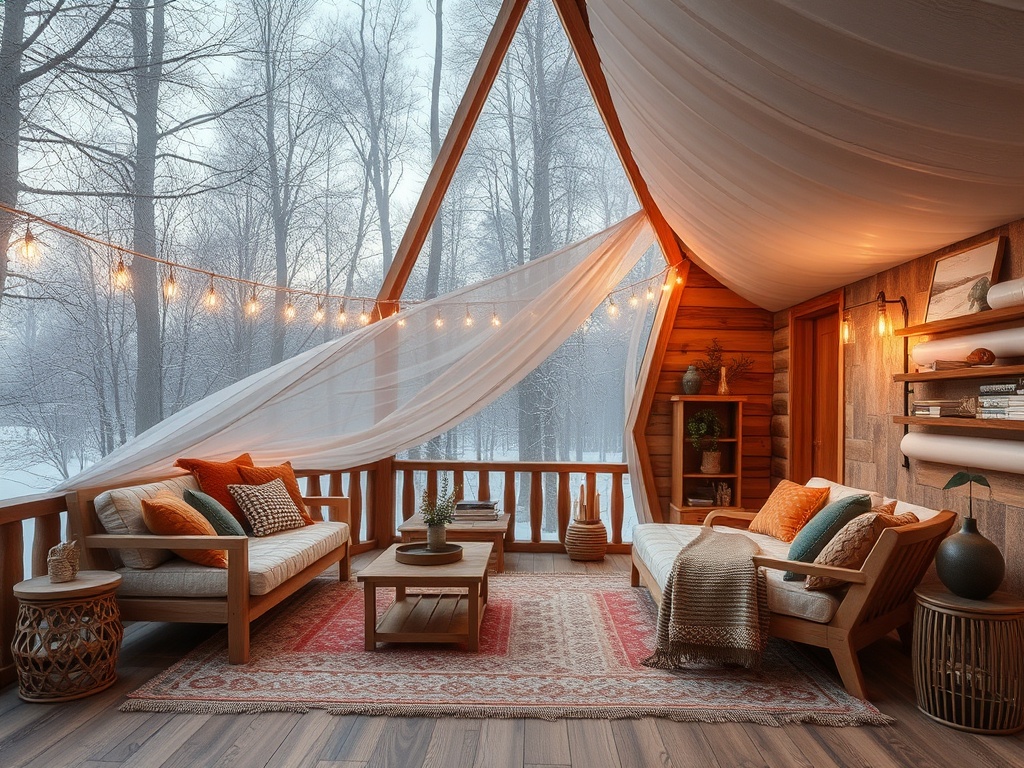 Уютная комната с мягкой мебелью, освещенная гирляндами, с видом на зимний лес за окном.