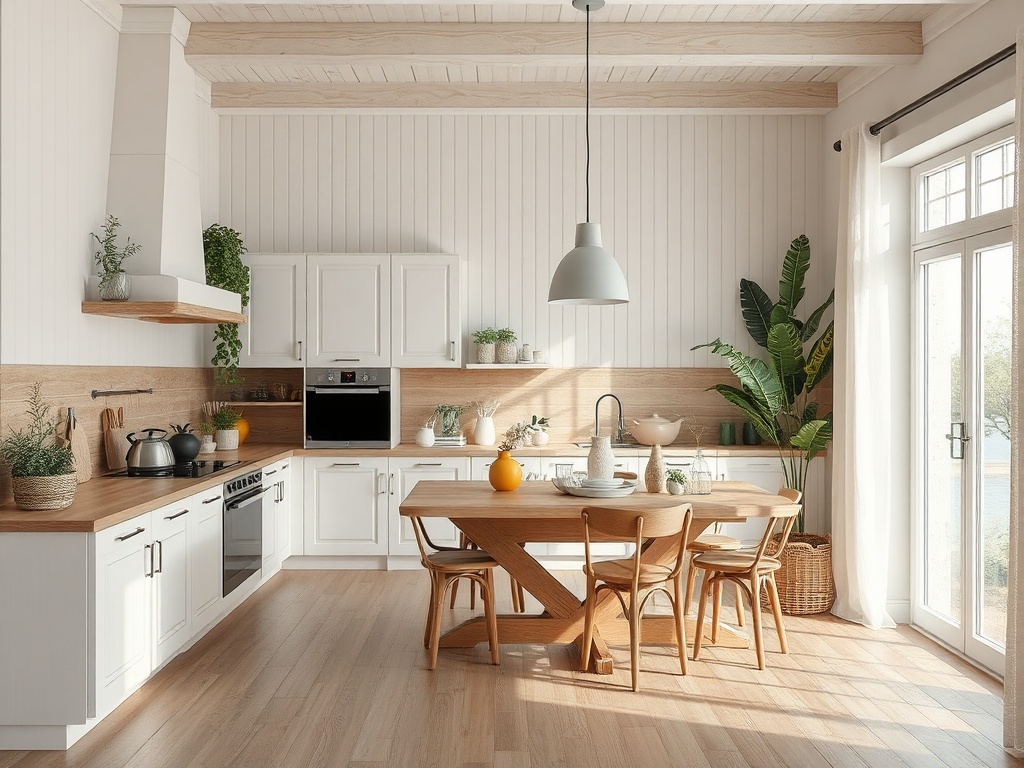 Светлая современная кухня с деревянными элементами, столом и растениями на столе и полках.