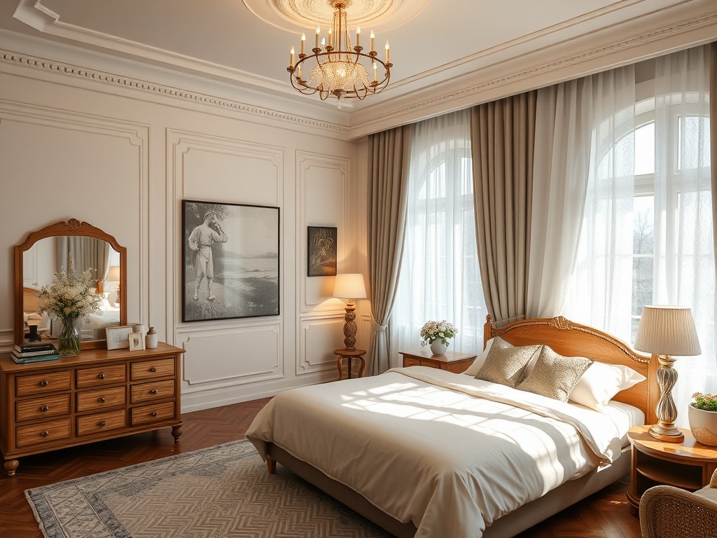 Светлая спальня с большими окнами, кроватью, комодом и стильными декорами. Теплая атмосфера и уют.