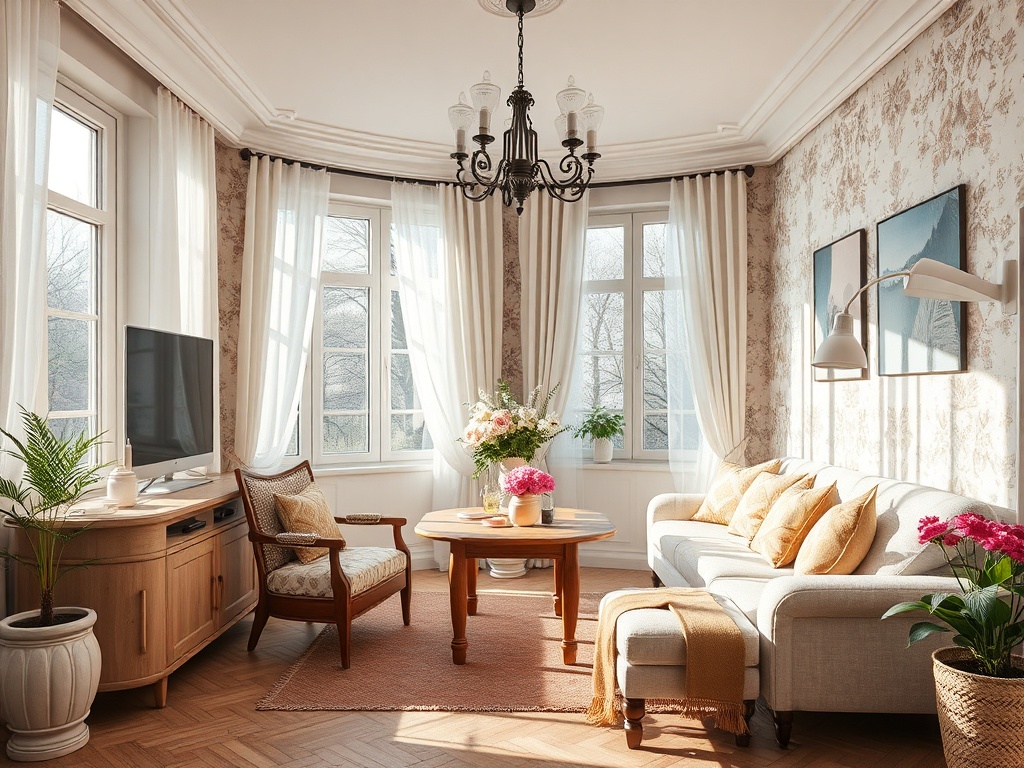 Светлая гостиная с диваном, столом, телевизором и растениями. Большие окна и нежные шторы создают уют.