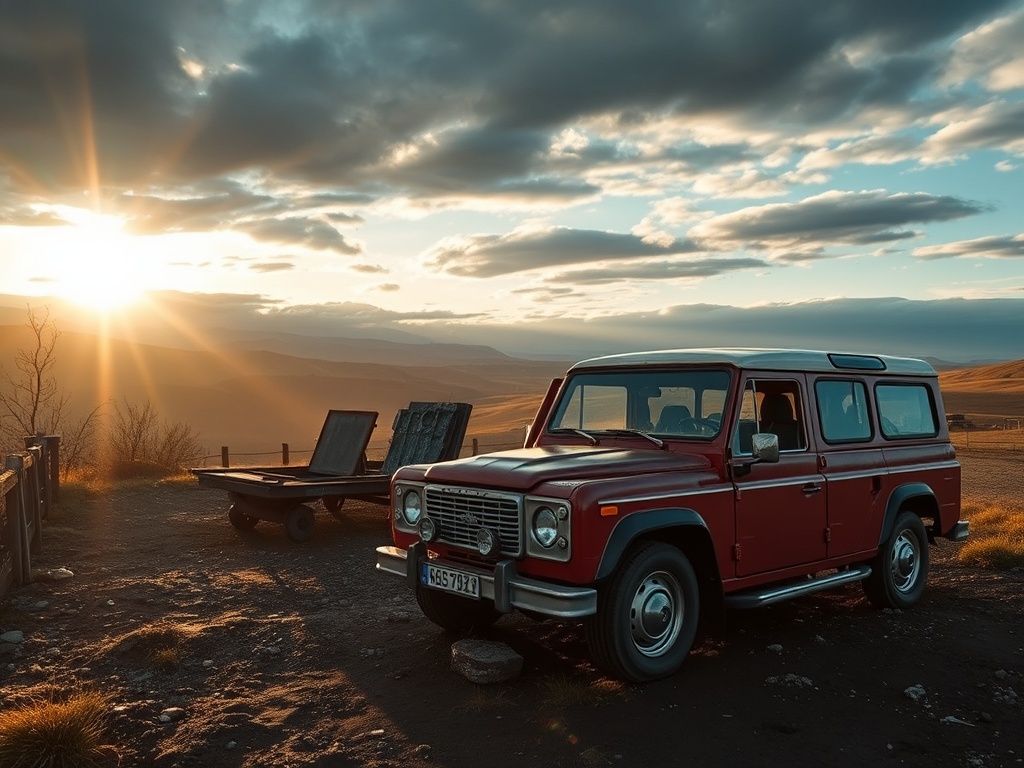 Красный внедорожник стоит на фоне заката с горами и облаками. Спокойная и живописная природная сцена.