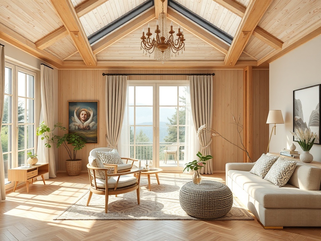 Современный интерьер с деревянными элементами, большими окнами и уютной мебелью. Светлое и просторное помещение.
