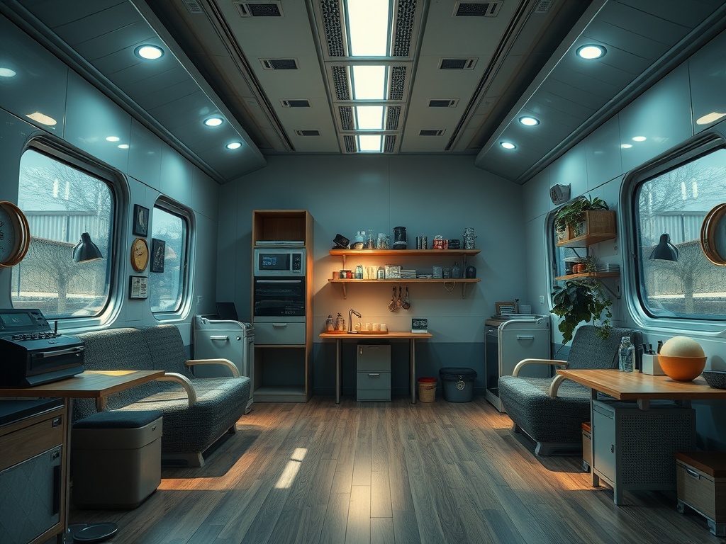 Современный интерьер вагона, комфортные диваны, аккуратные полки с кухонными принадлежностями и окна.