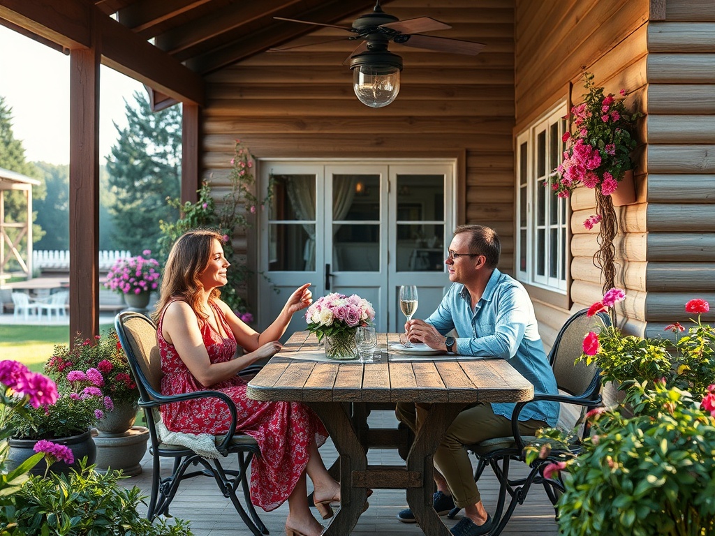 Два человека сидят за столом на открытой террасе, обсуждая и наслаждаясь напитками и цветами вокруг.
