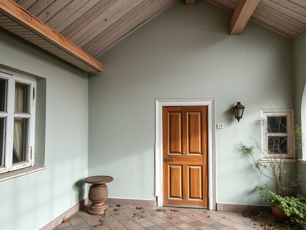 Входная дверь в помещении с зелеными стенами и деревянным потолком, рядом окно и вазон с растением.