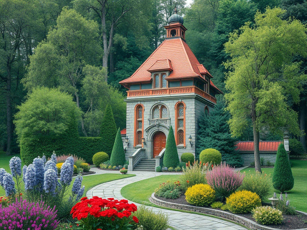 Красивая каменная усадьба с красной крышей, окружённая цветами и зелёными деревьями.