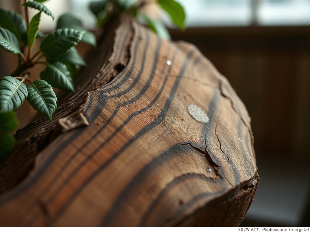 На обрезе дерева видны красивые текстуры, рядом располагаются зелёные листья.