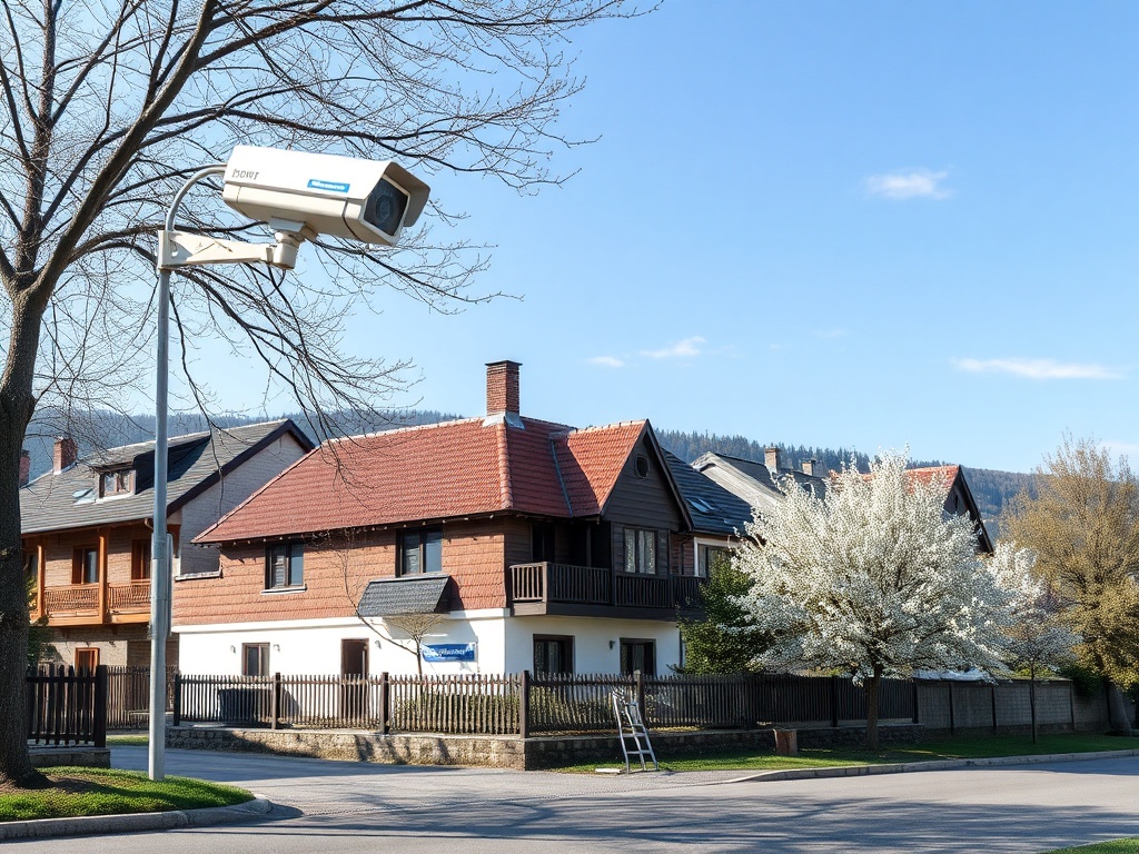 На улице растет дерево, рядом два дома, один из которых с балконом. Видна камера видеонаблюдения.