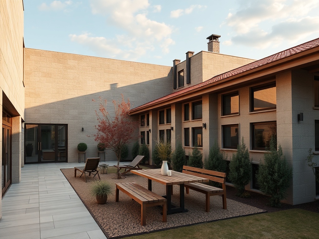 Уютный двор с деревянной мебелью, зелеными растениями и кирпичными стенами. Спокойная атмосфера для отдыха.