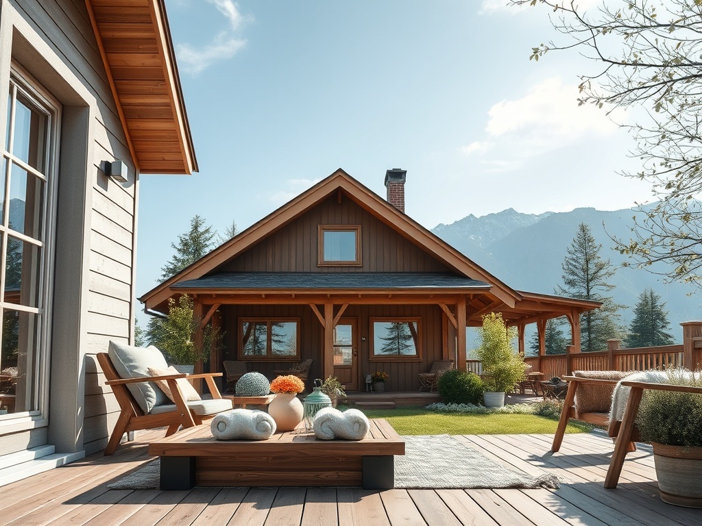 Современный деревянный дом с террасой и видом на горы, окружённый зеленью и уютной обстановкой.