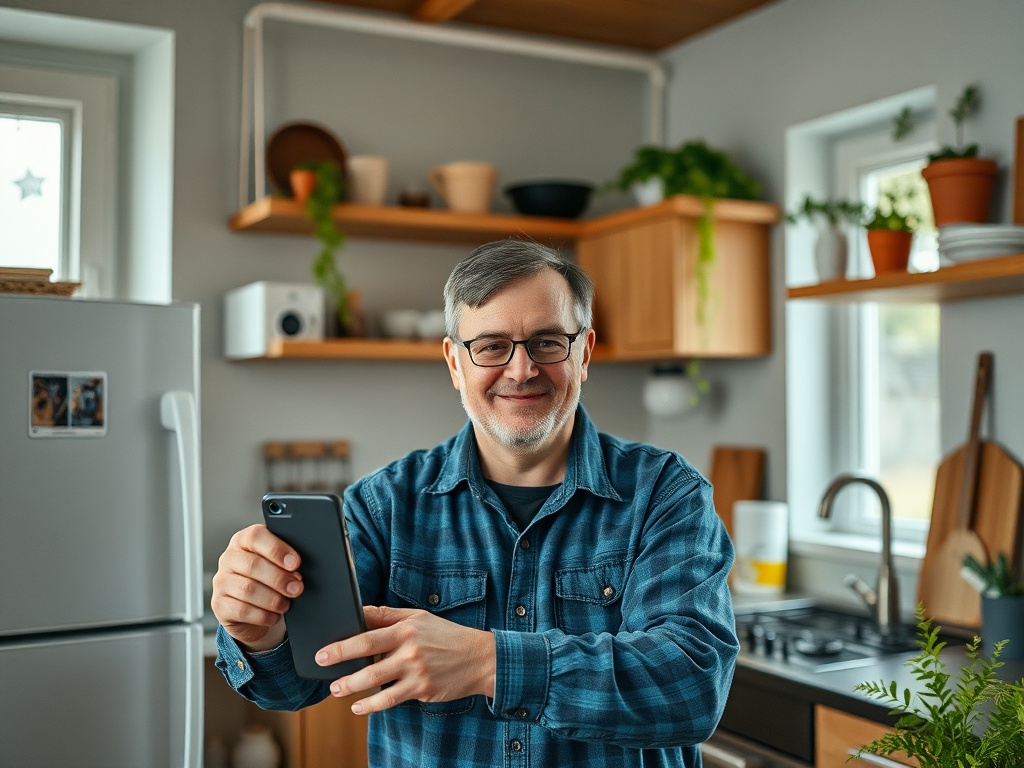 Человек в синей рубашке улыбается и делает селфи на фоне уютной кухни с зелеными растениями.