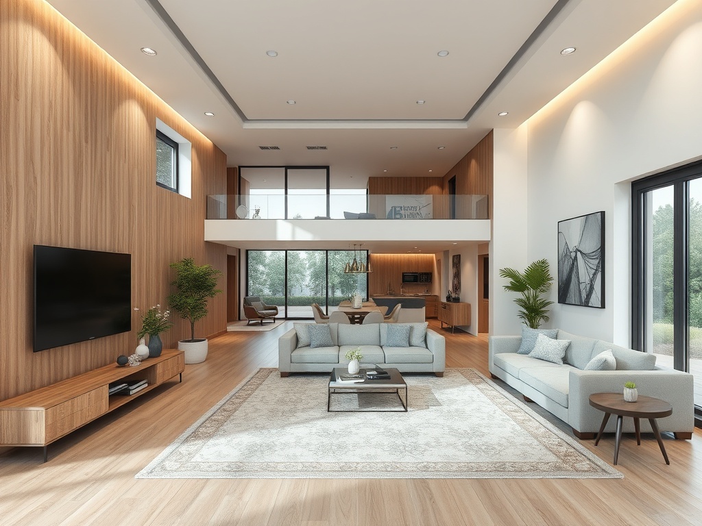 Современная гостиная с деревянными стенами, светлыми диванами и большими окнами, пропускающими естественный свет.