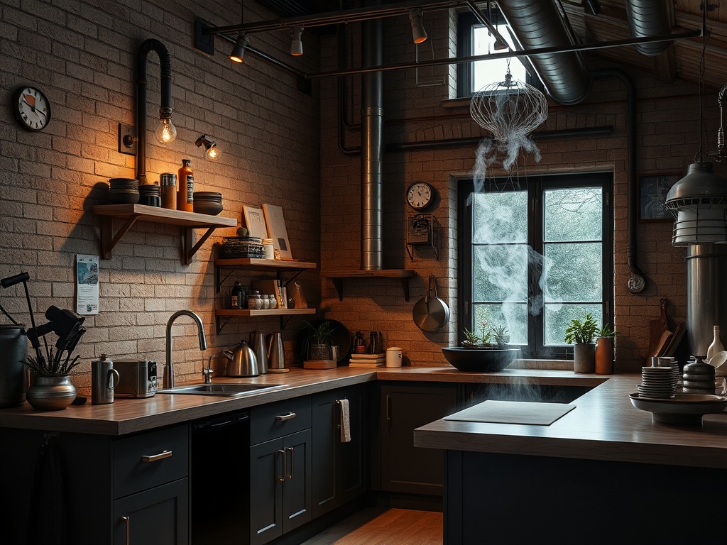 Современная кухня с деревянными полками, паром от кастрюли и уютным освещением. Стильный и функциональный интерьер.