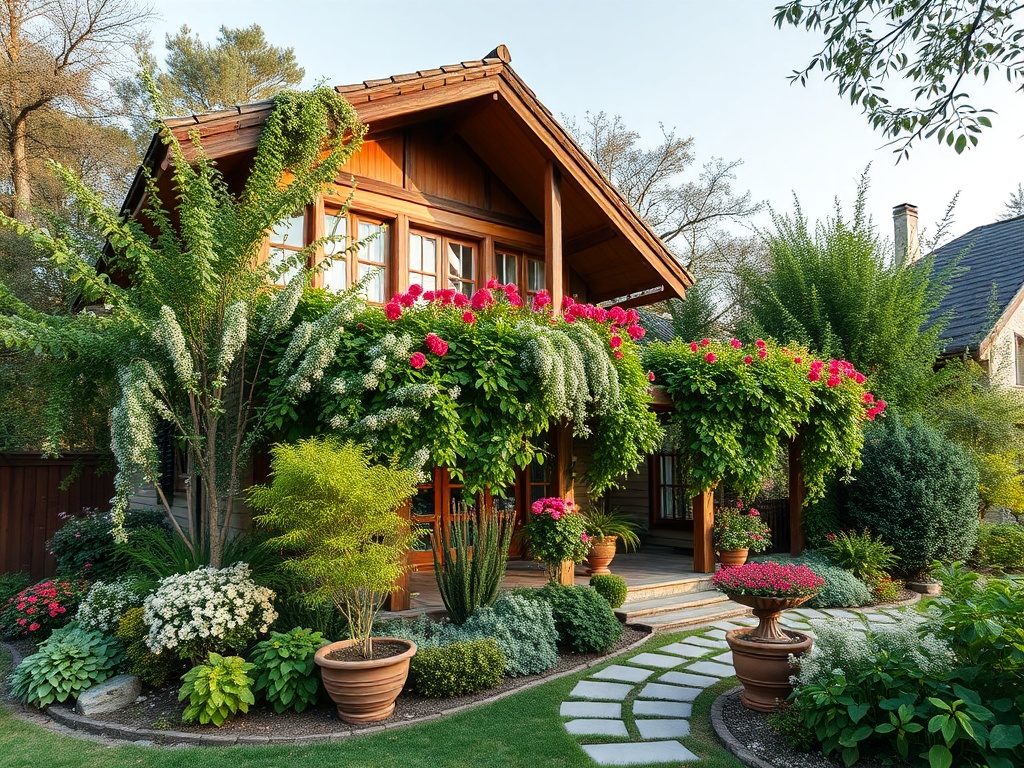 Красивая деревянная постройка окружена зелеными растениями и цветами, создавая уютный атмосферный уголок.