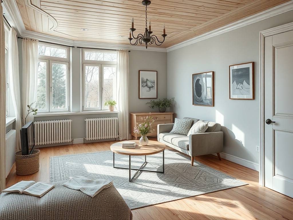 Светлая гостиная с окнами, картинами на стенах и уютной мебелью, оформленная в светлых тонах.