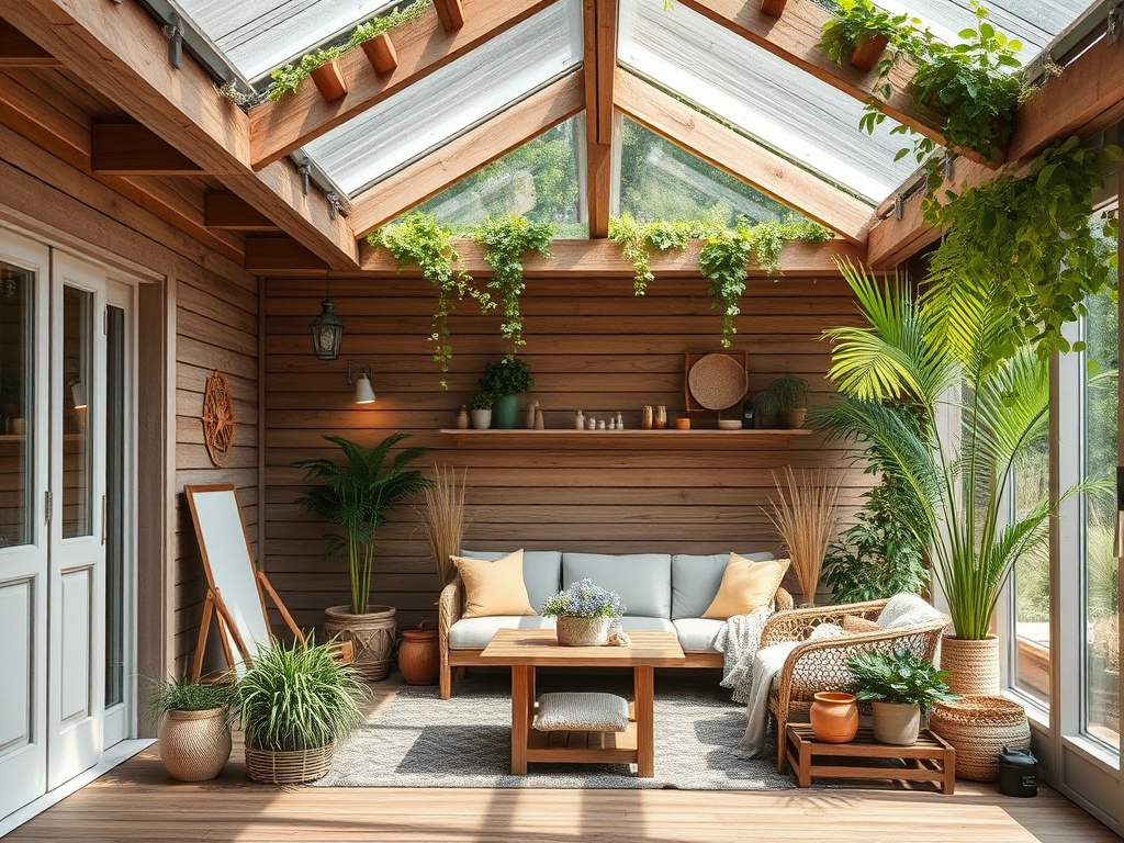 Светлая гостиная с растениями, деревянными стенами и уютной мебелью, стильно оформленная в современном стиле.