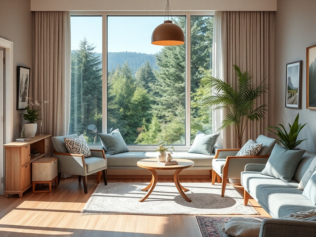 Светлая гостиная с большими окнами, уютной мебелью и зелеными растениями на фоне леса.