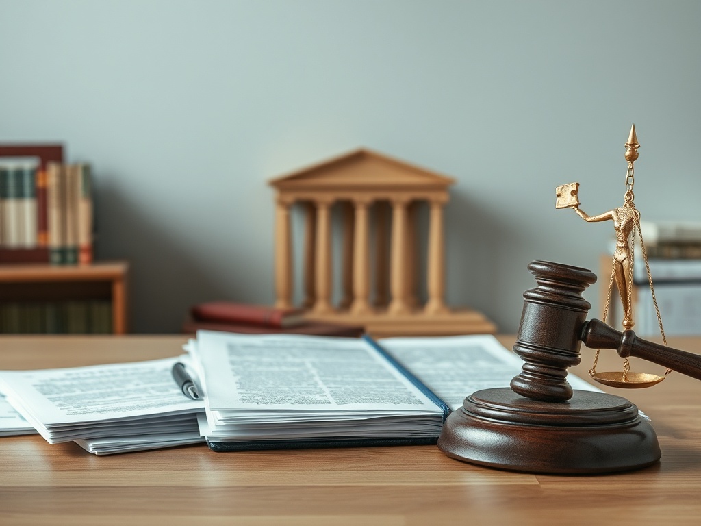 Судейский молоток, юридические документы и статуэтка Фемиды на фоне здания суда.