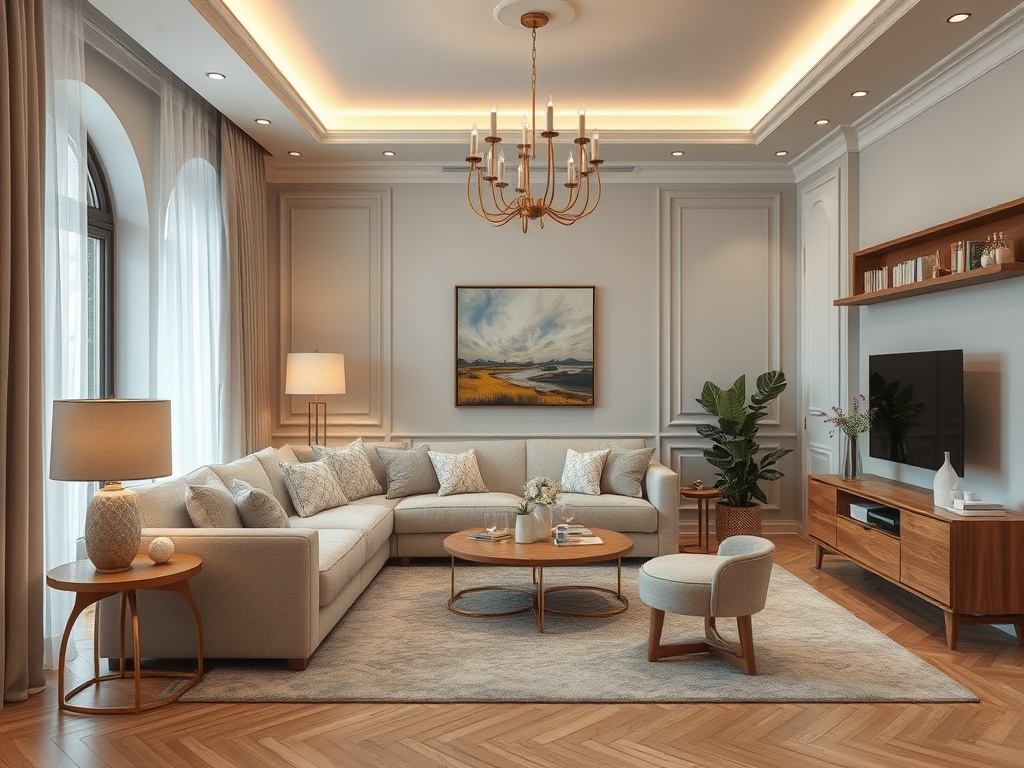 Современный светлый интерьер с уютным диваном, столом и искусственными растениями. Стены украшены картинами.