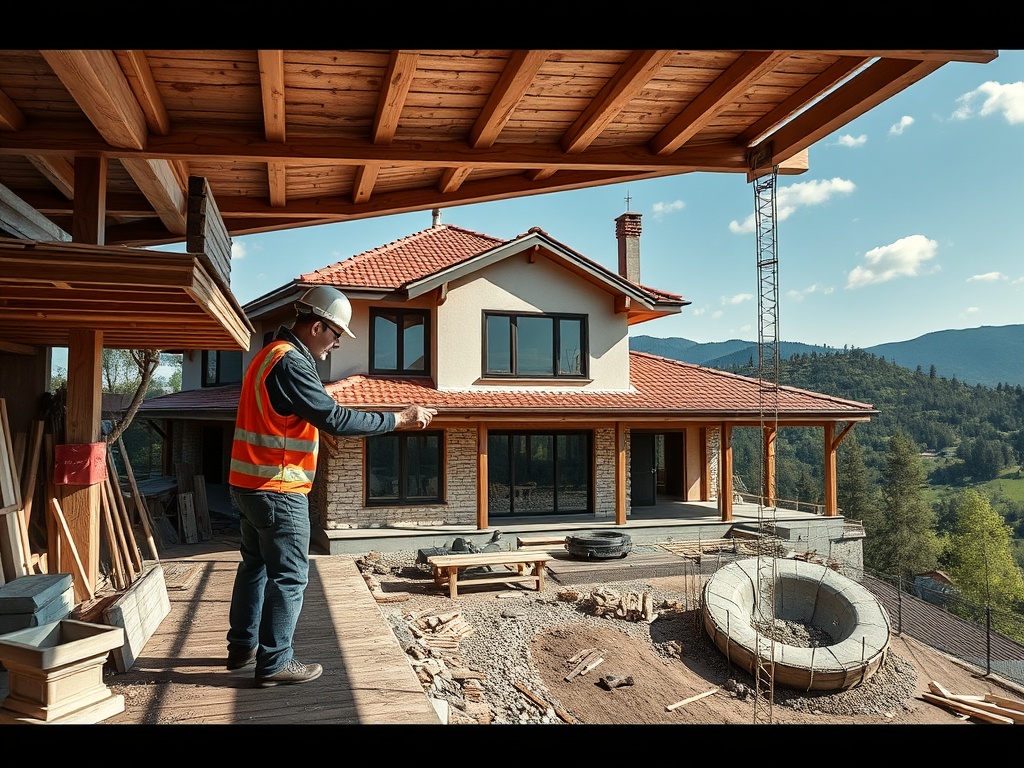 Рабочий в каске и жилете выполняет проверки на строительной площадке нового дома в живописной местности.