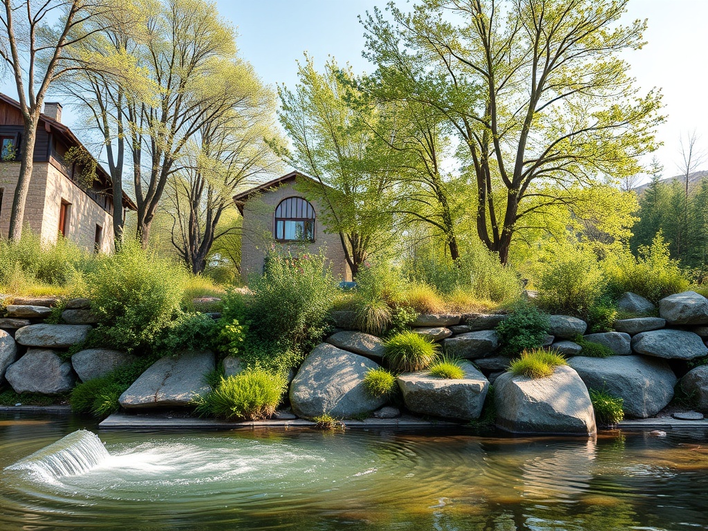 Уютный дом среди зелени и камней, отражающийся в спокойной воде пруда. Тихое место для отдыха.