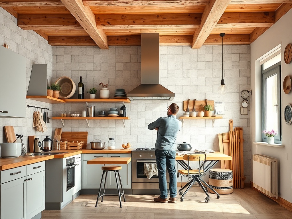 Мужчина стоит на кухне, обдумывая приготовление пищи, окружённый современными кухонными принадлежностями.