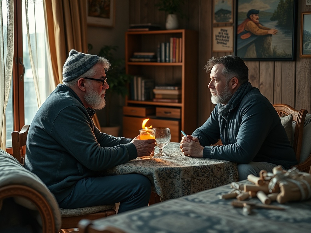 Два мужчины сидят за столом при свечах, обсуждая что-то важное в уютной комнате.