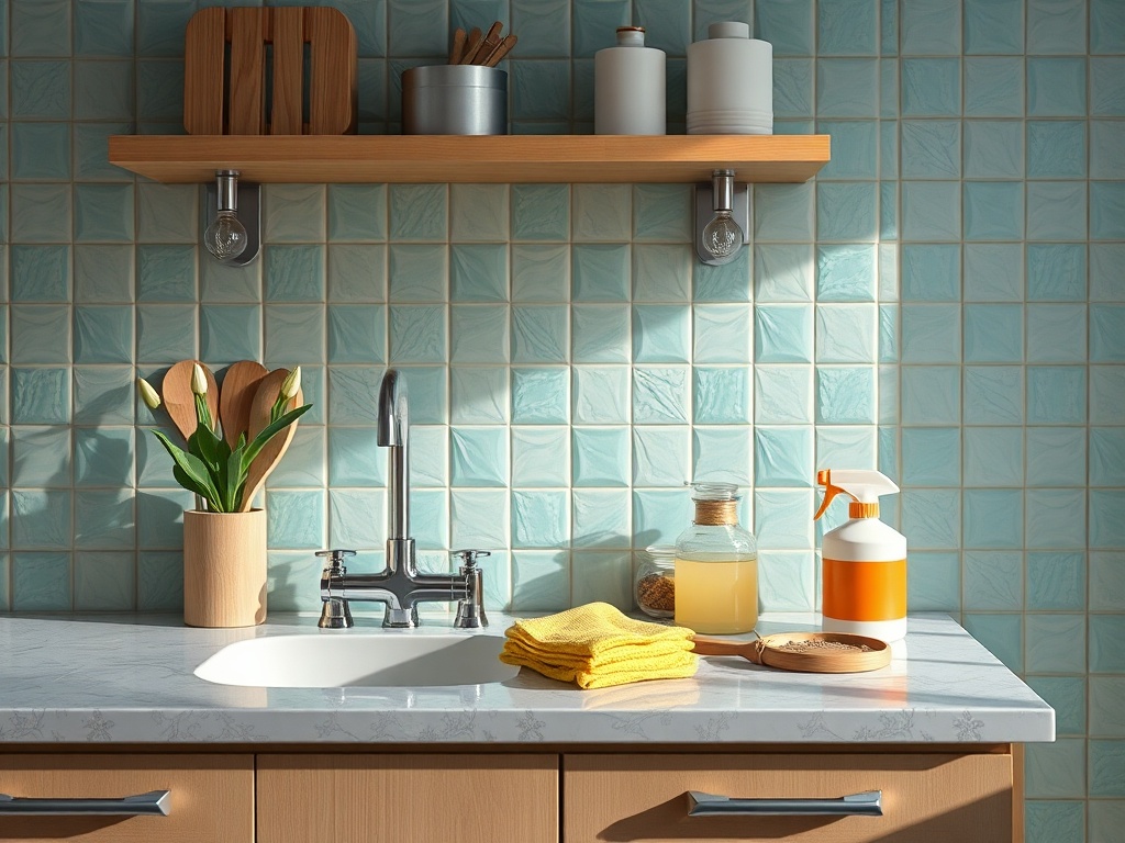 Современная кухня с раковиной, растениями, предметами для уборки и голубой плиткой на стенах.