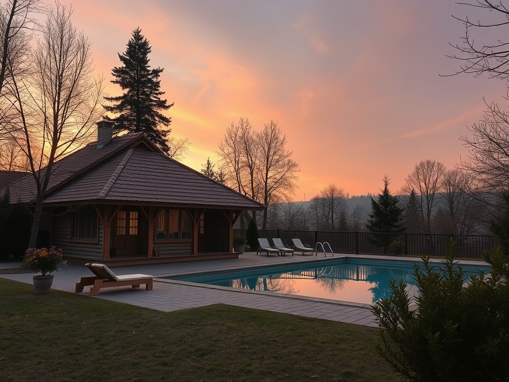 На фоне заката дом с бассейном, деревья и цветы вокруг создают атмосферу уюта и спокойствия.