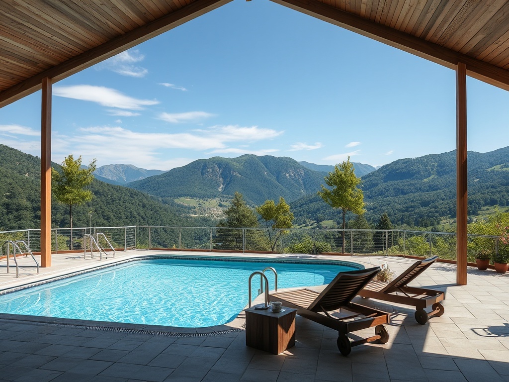 Открытая терраса с бассейном и лежаками, окруженная горами и зелеными деревьями под ясным небом.
