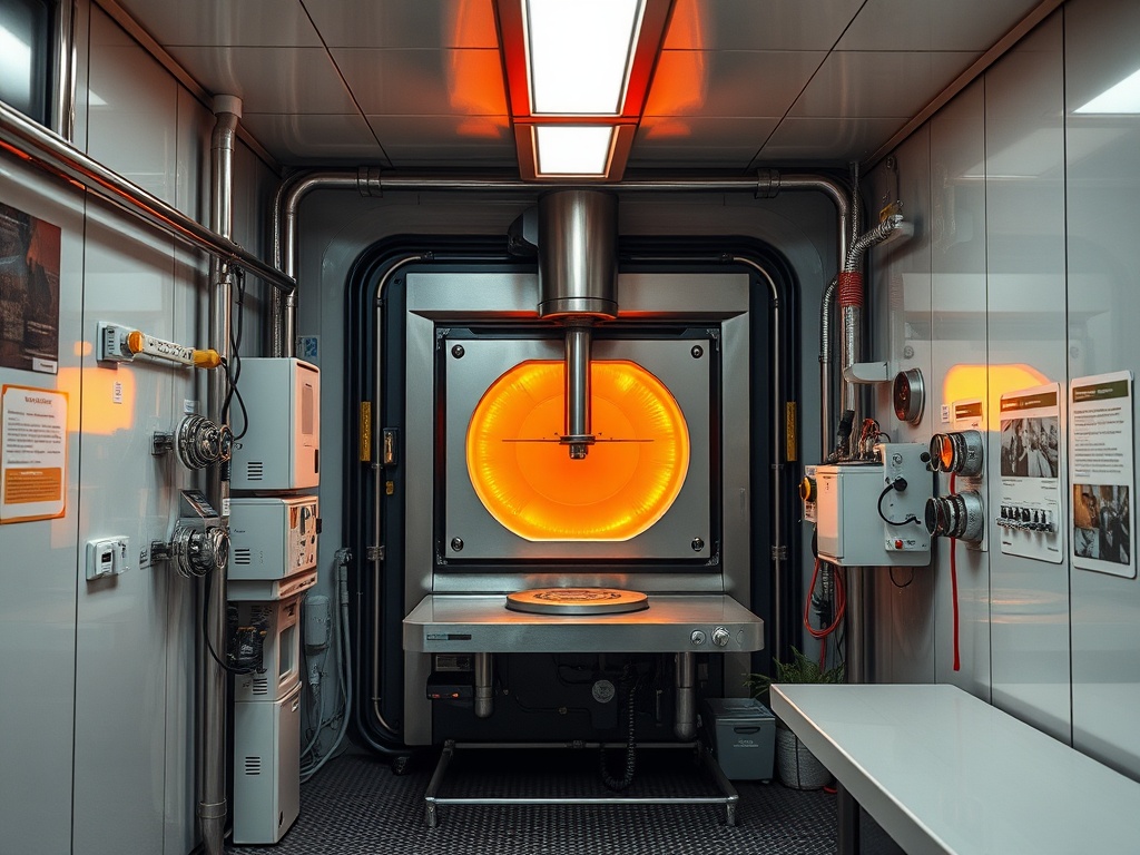 Современная лаборатория с аппаратом для обработки материалов, освещённым оранжевым светом.